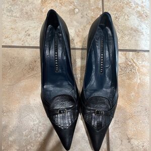 Fratelli Rossetti Black Leather Pointed kitten heels with Fringe and Buckle